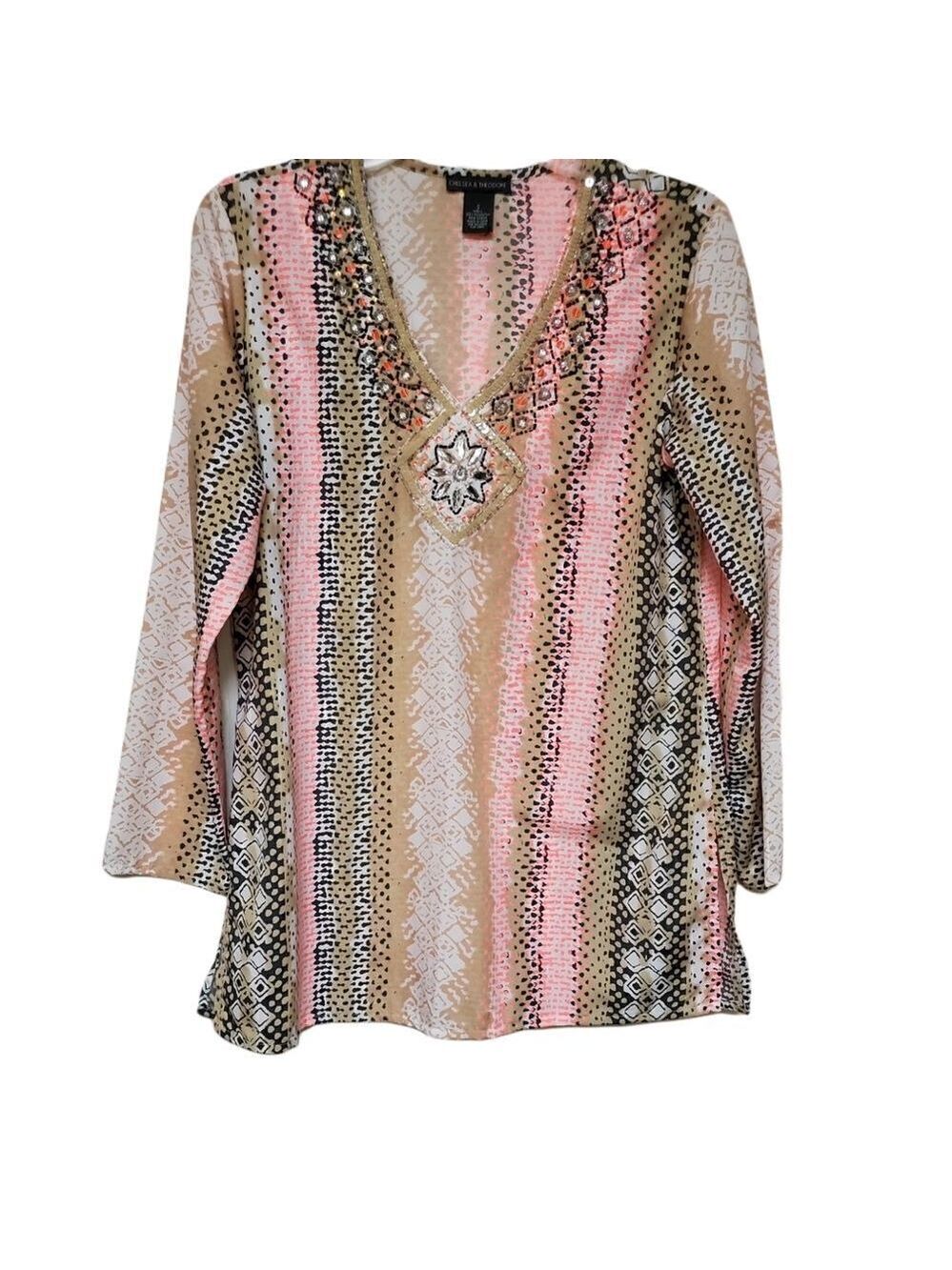 Chelsea Theodore Beaded Sequin Boho Tunic Top Small Multicolor